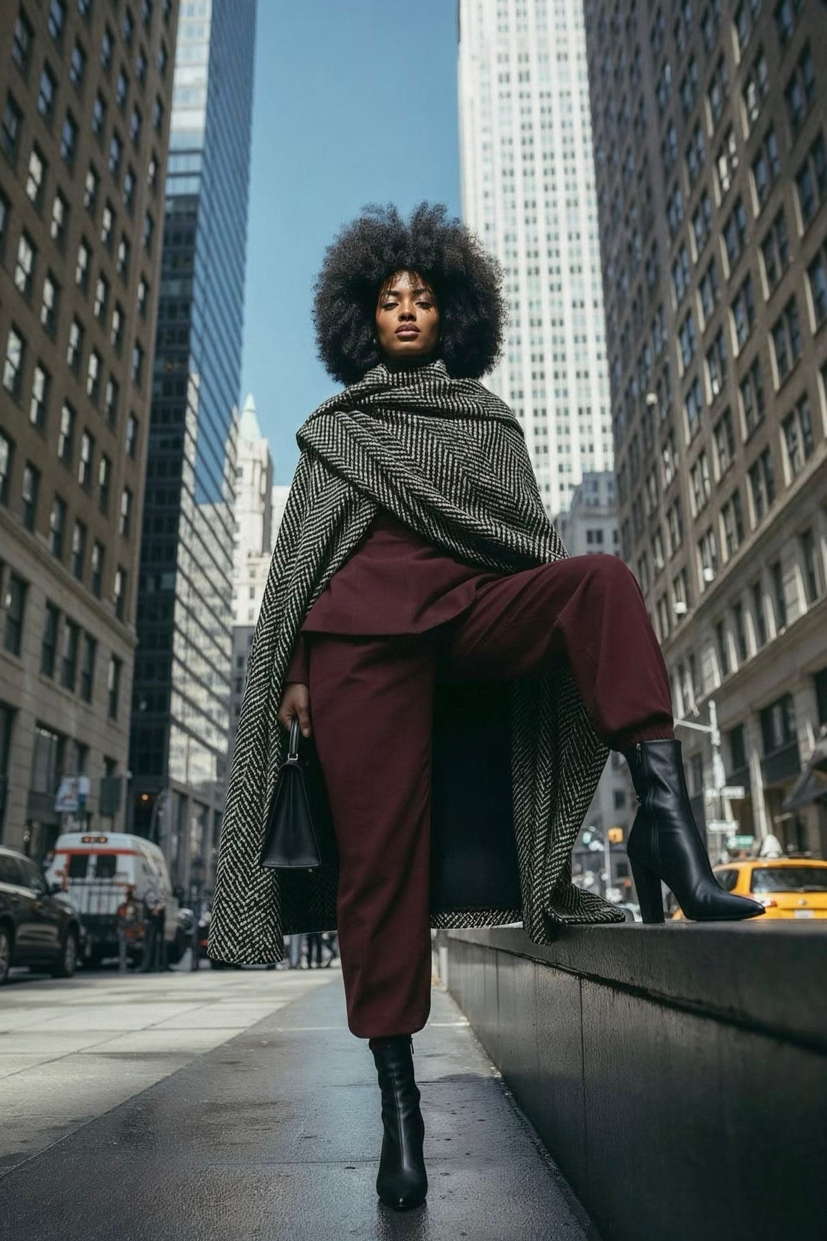 A woman crossing a New York avenue in a herringbone cape