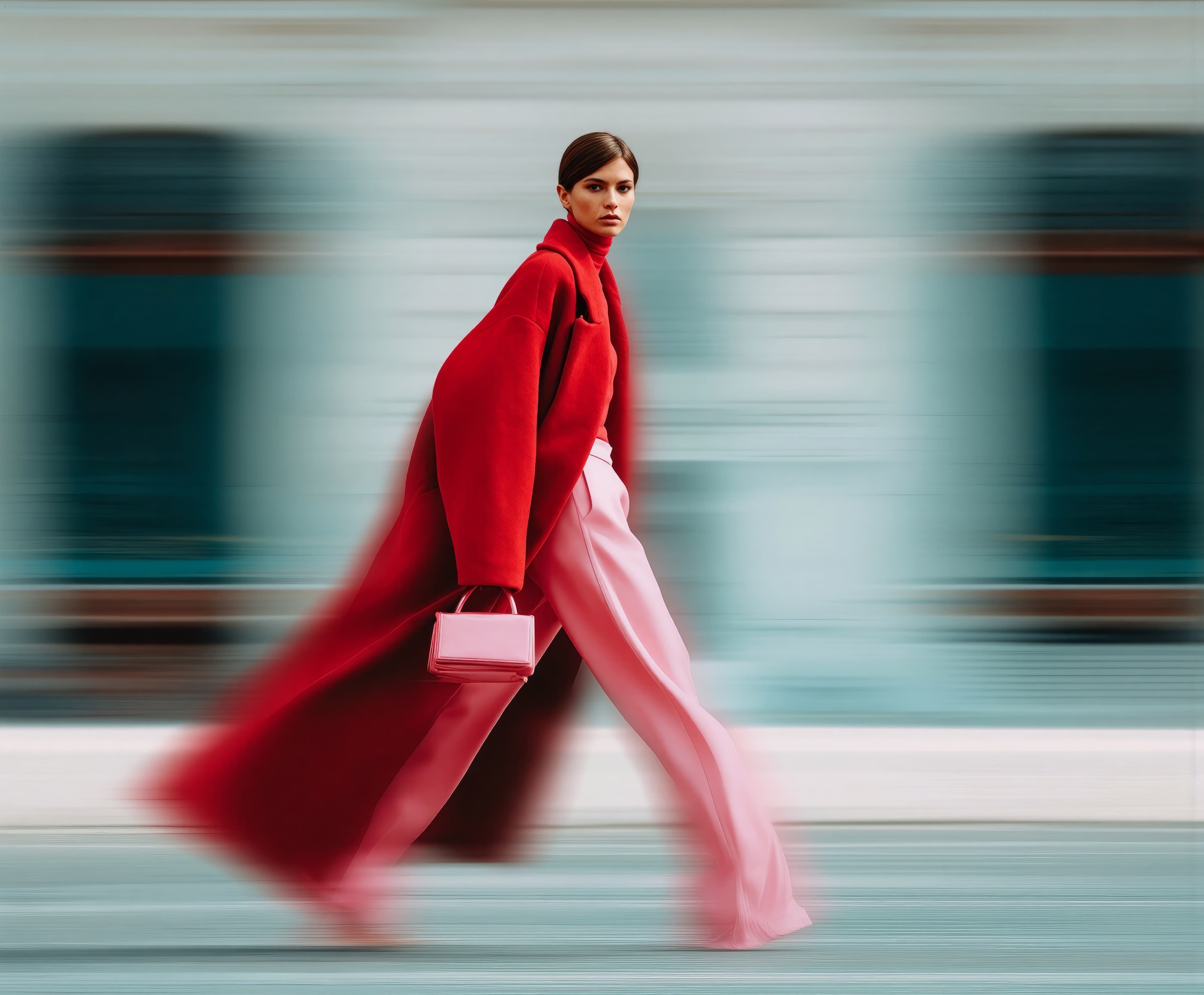 A woman in a red coat and pink trousers moving through the city