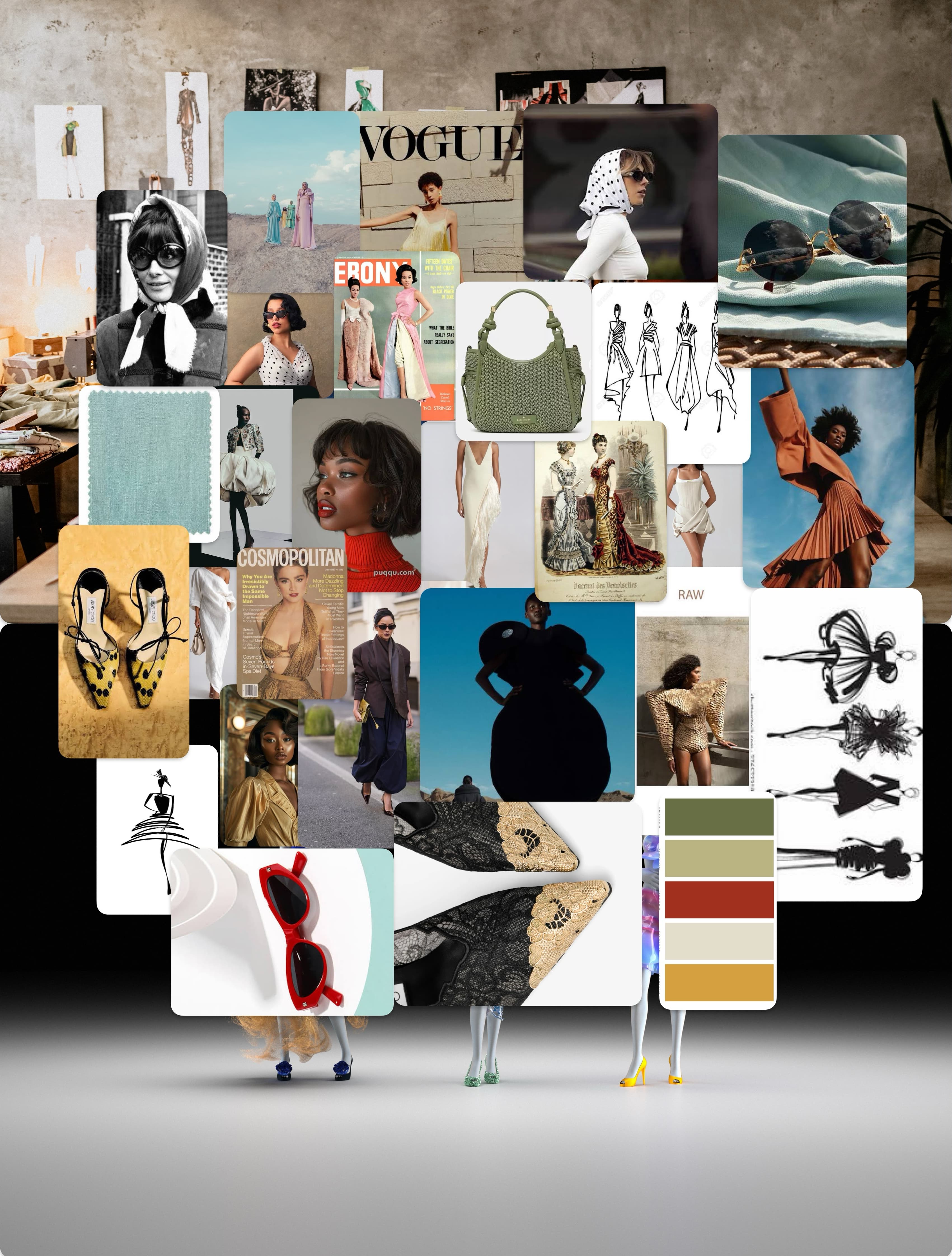 A MALKI mood board of magazine references, fabrics, silhouettes, and a colour palette