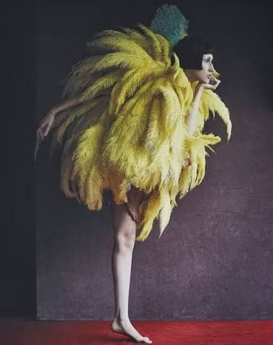 A dancer in a sculptural yellow feather dress