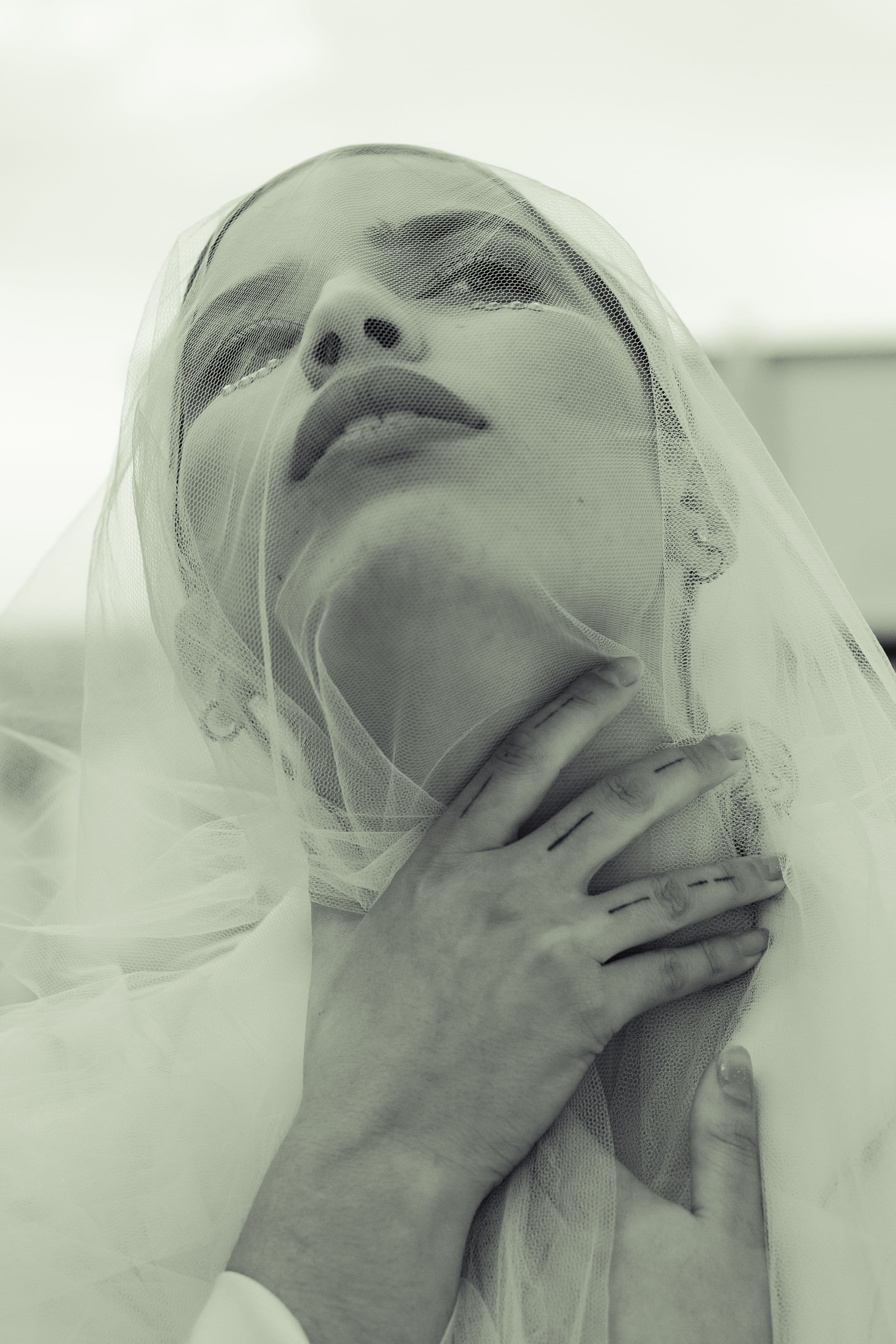 A face resting beneath soft tulle